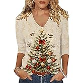 Christmas Shirt for Women 3/4 Sleeve V Neck Xmas Tree Graphic Tee Tops Merry Fall Winter Loose Fit Cute Blouse