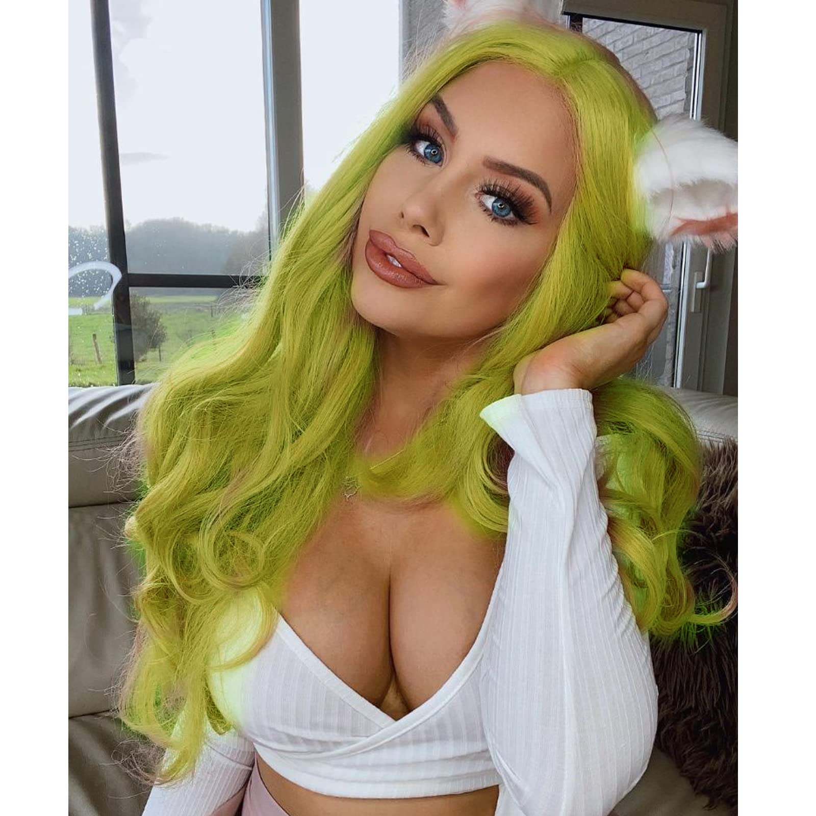 Green Lace Front Wigs for Women Soft Light lemon Yellow Long Sexy Wavy Wigs Realistic Ginger Lace Wig Glueless Heat Reasistant Fiber Hair Daily Party Cosplay Wig 24 Inches