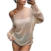 Milumia Women's Long Sleeve Sparkly Sheer Mesh Top Off Shoulder See Through Sequin Top Rave Clubbing Outfits