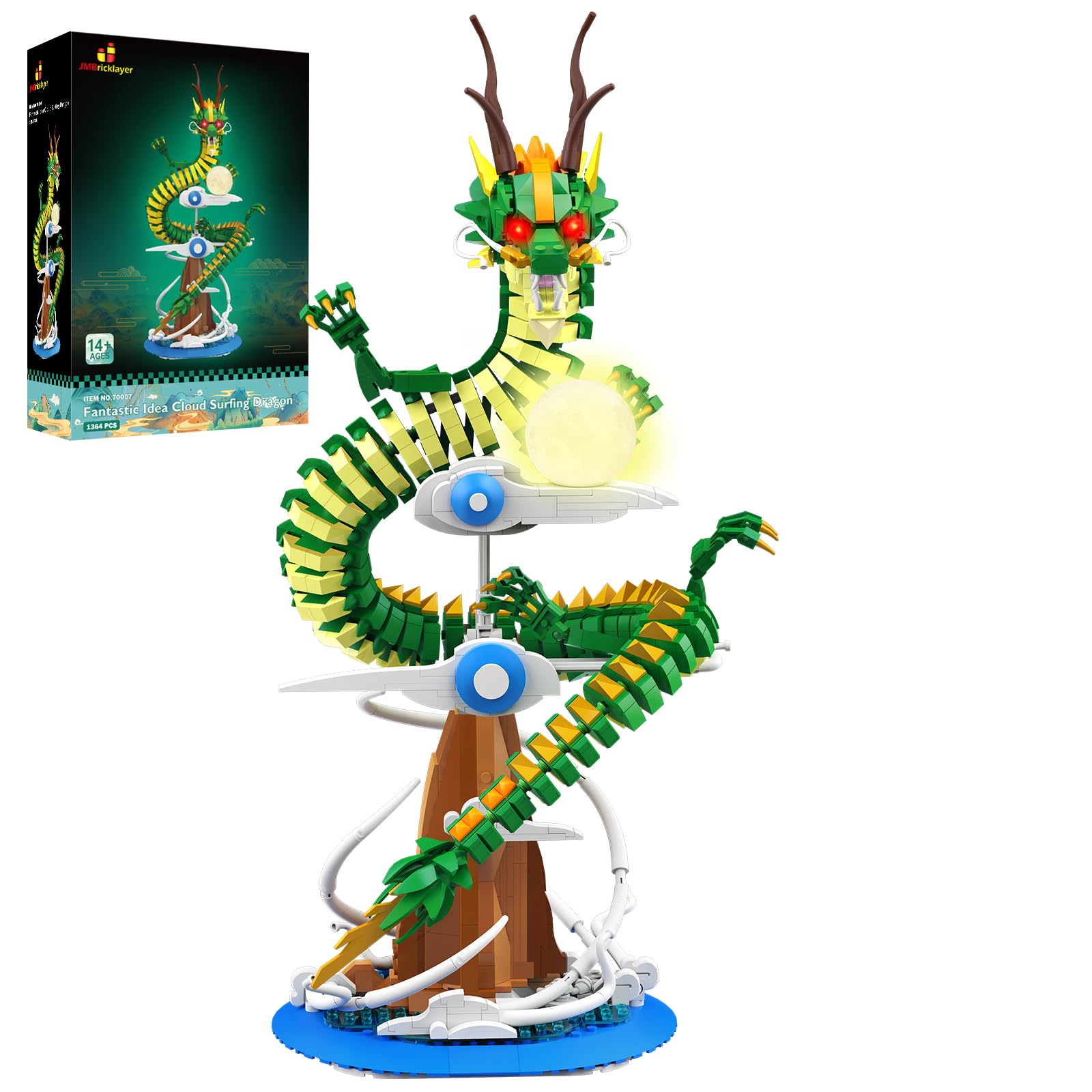JMBricklayer Chinese Dragon Building Toy with Light for Adults, 70007 Cool Fantasy Dinasour Animal Model Kit to Build, Decor Collectible Action Figure Gift for Boys Girls 14+(1364PCS)