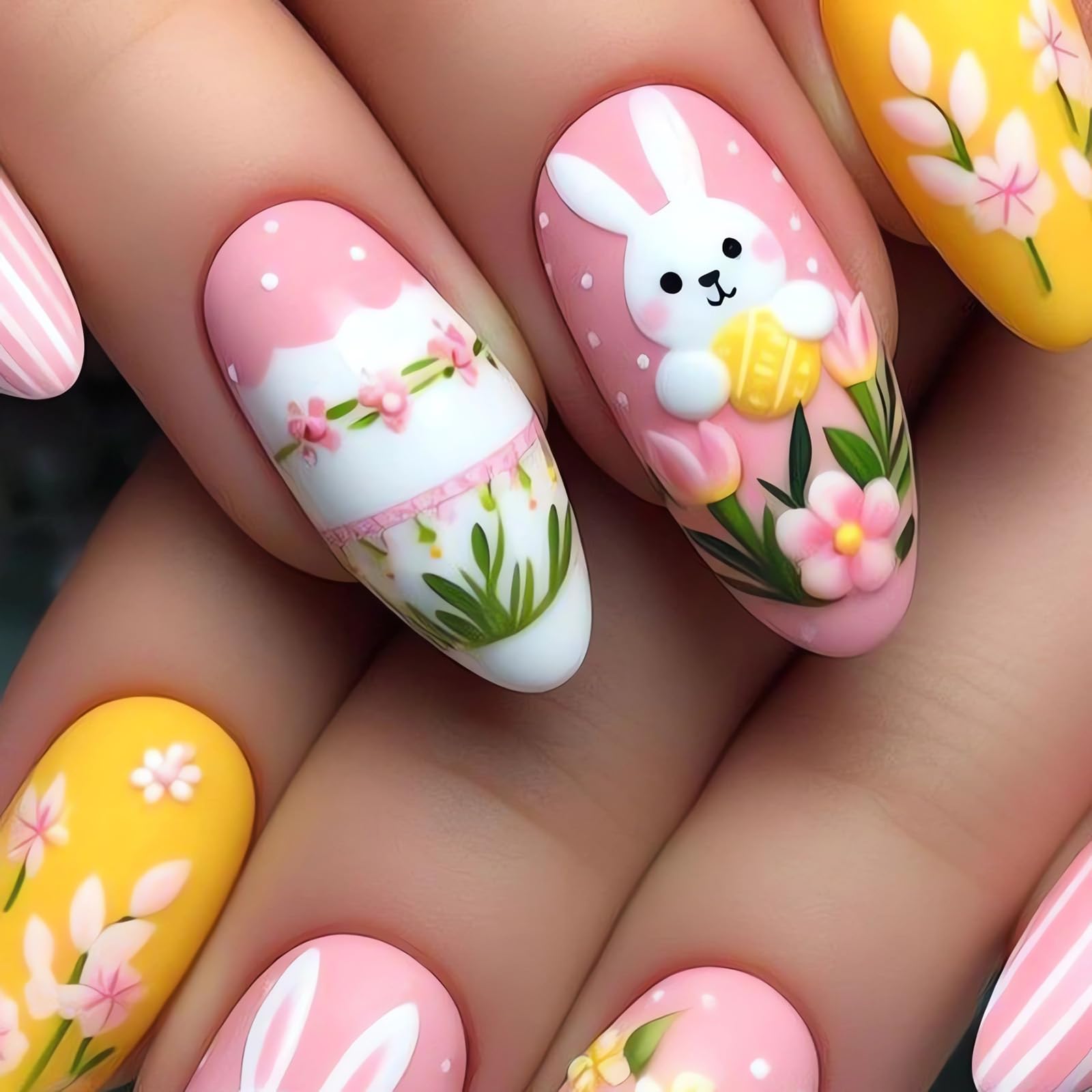 Easter Press on Nails Almond Medium Fake Nails with Cute Bunny Flower Designs Spring Acrylic Glue on Nails Easter Day Manicure False Nails Cute Stick on Nails for Women Nail Art Decoration 24Pcs