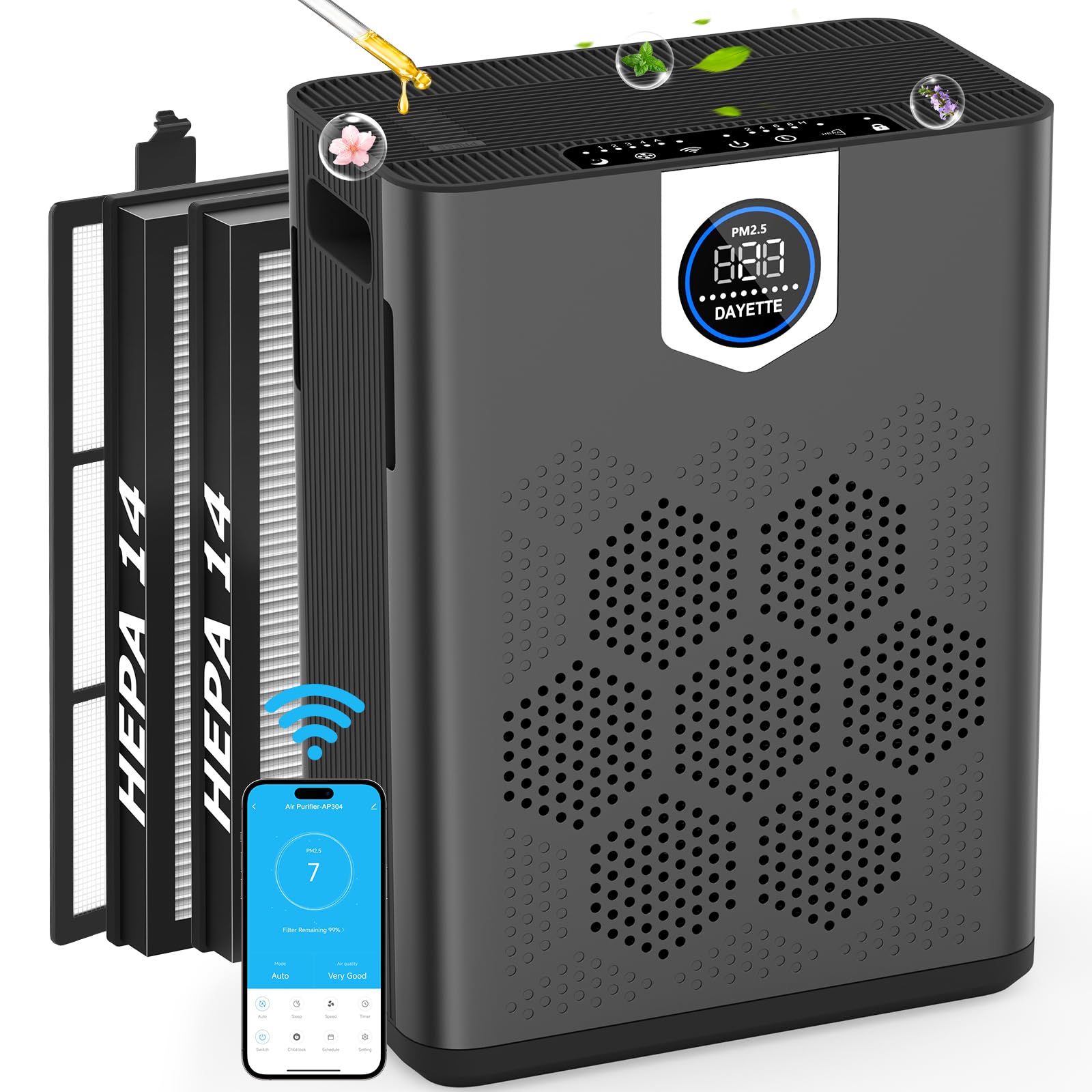 DAYETTE Smart Air Purifiers for Home Large Room with Fragrance, H14 Air Purifier with Washable Filters Up to 3000 Ft², APP & Voice Control & 22 dB Sleep Mode for Bedroom Living Room, Black Image