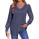 TICTICMISS Women's Pleated V Neck T Shirts Puff Long Sleeve Tops Casual Loose Fit Tunic Blouses