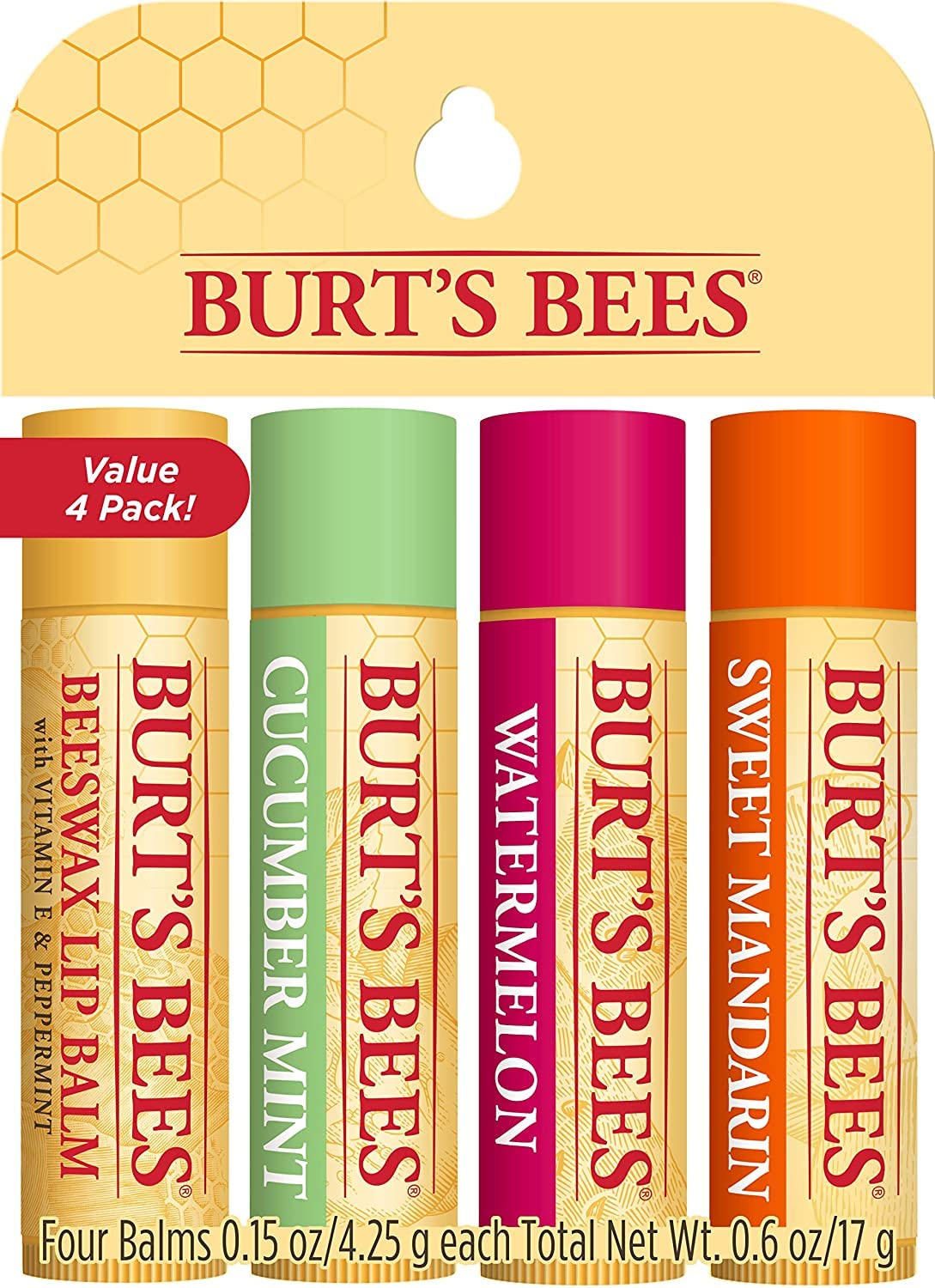 Burt's Bees Lip Balm Multipack, Lip Balm Set With Beeswax, Cucumber Mint, Watermelon, Sweet Mandarin, Freshly Picked, 4x4.25g