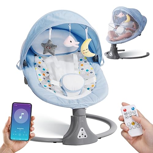 Baby Swing with Bluetooth Remote Control | Baby Swing Chair 5 Levels Electric Baby Swing Cordless | Baby Rocking Chair 12 Lullaby & 3 Timer | 3 Angle Portable Baby Bouncer Swing for Newborn (Blue)