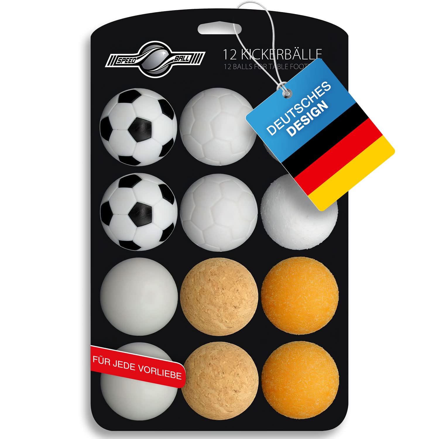 GOODS+GADGETS Table-Football-Balls speedball 12x pieces Premium Table Soccer Balls; Table Kicker-Ball Set of different types (cork, PE, PU, ABS) 35mm
