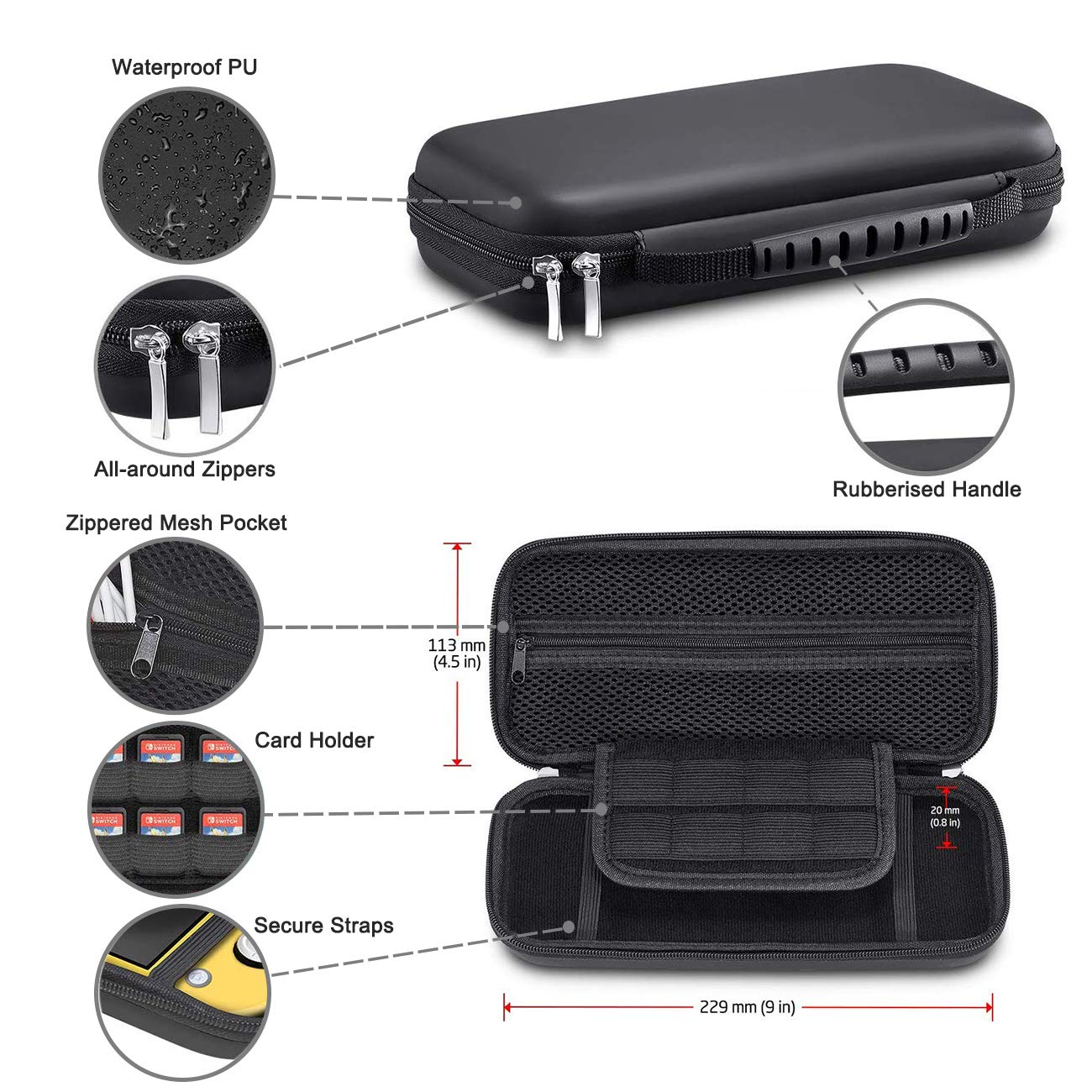 Accessories Kit 9 in 1 for Nintendo Switch Lite, Carrying Case for Switch Lite Come with 8 Game Cartridge, Clear TPU Cover Case, 2.5D Tempered Glass Screen Protector, 4 Pack Thumb-Grip for Switch Lite