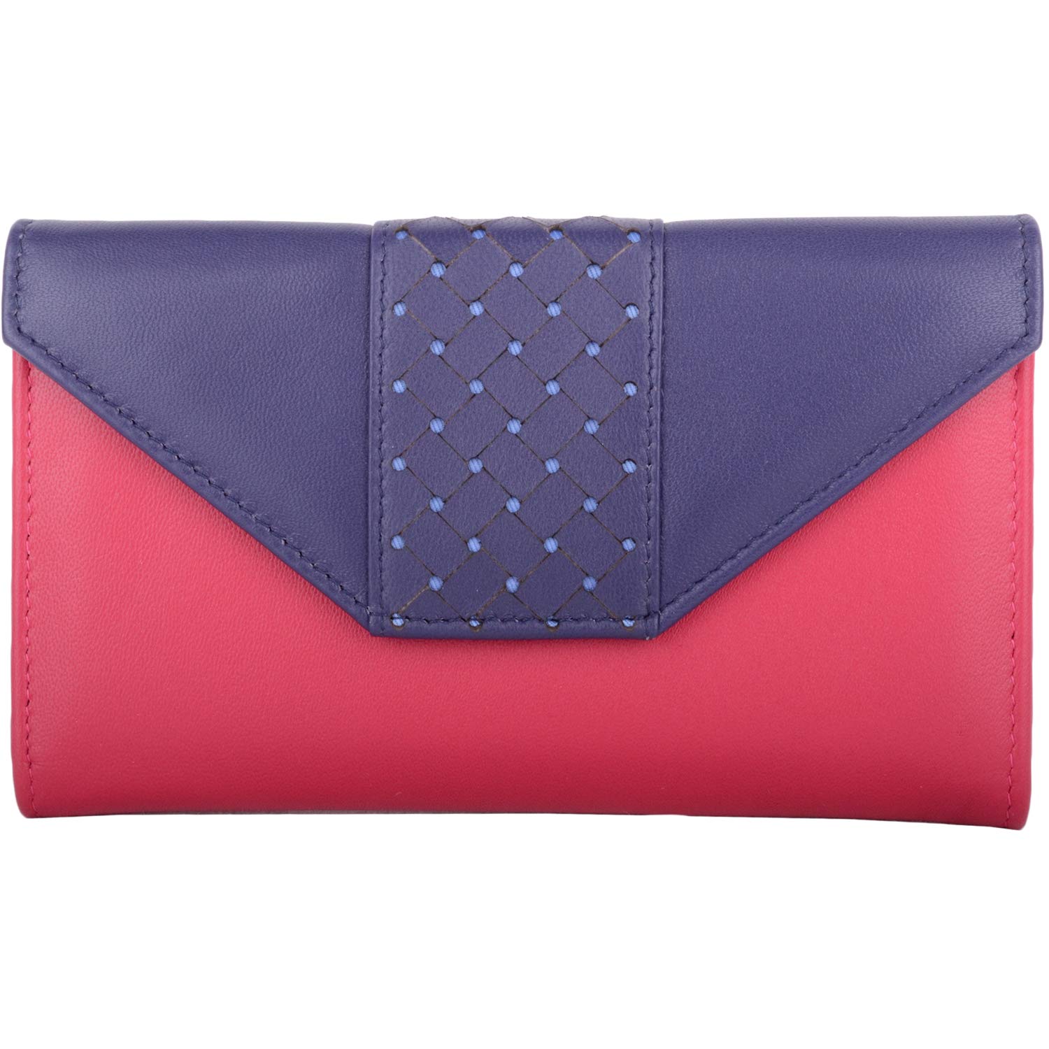 Womens RFID Protected Soft Leather Credit Card/Money Purse with Contrast Colour Panel - Pink/Purple