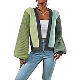 SHENHE Women's Color Block Open Front Long Sleeve Ribbed Knit Cropped Cardigan Sweaters