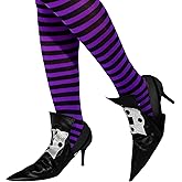 Haysandy Halloween Witch Striped Tights Shoe Covers Set Purple and Black Striped Tights Black Shoe Covers Halloween Witch Costume Party Accessories for Women Adult