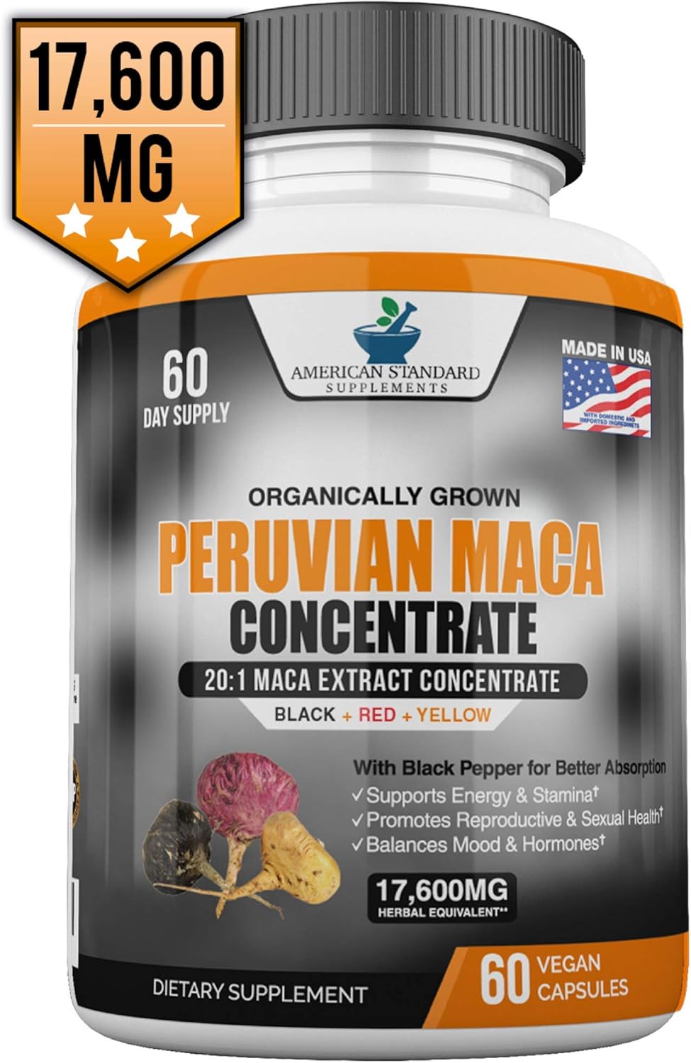 Maca Organic Peruvian Powder Capsules - 17,600 mg Per Capsules - Black, Red, Yellow Root with Black Pepper Extract, Increase Energy, Stamina, Libido Mood, Hormone for Men & Women, 60 Vegan Capsule: Health & Personal Care