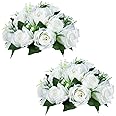 NUPTIO Pcs of 2 Fake Flower Ball Arrangement Bouquet,15 Heads Plastic Roses with Base, Suitable for Our Store's Wedding Centerpiece Flower Rack for Parties Valentine's Day Home Décor (Pure White)