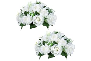 NUPTIO Pcs of 2 Fake Flower Ball Arrangement Bouquet,15 Heads Plastic Roses with Base, Suitable for Our Store's Wedding Centerpiece Flower Rack for Parties Valentine's Day Home Décor (Pure White)