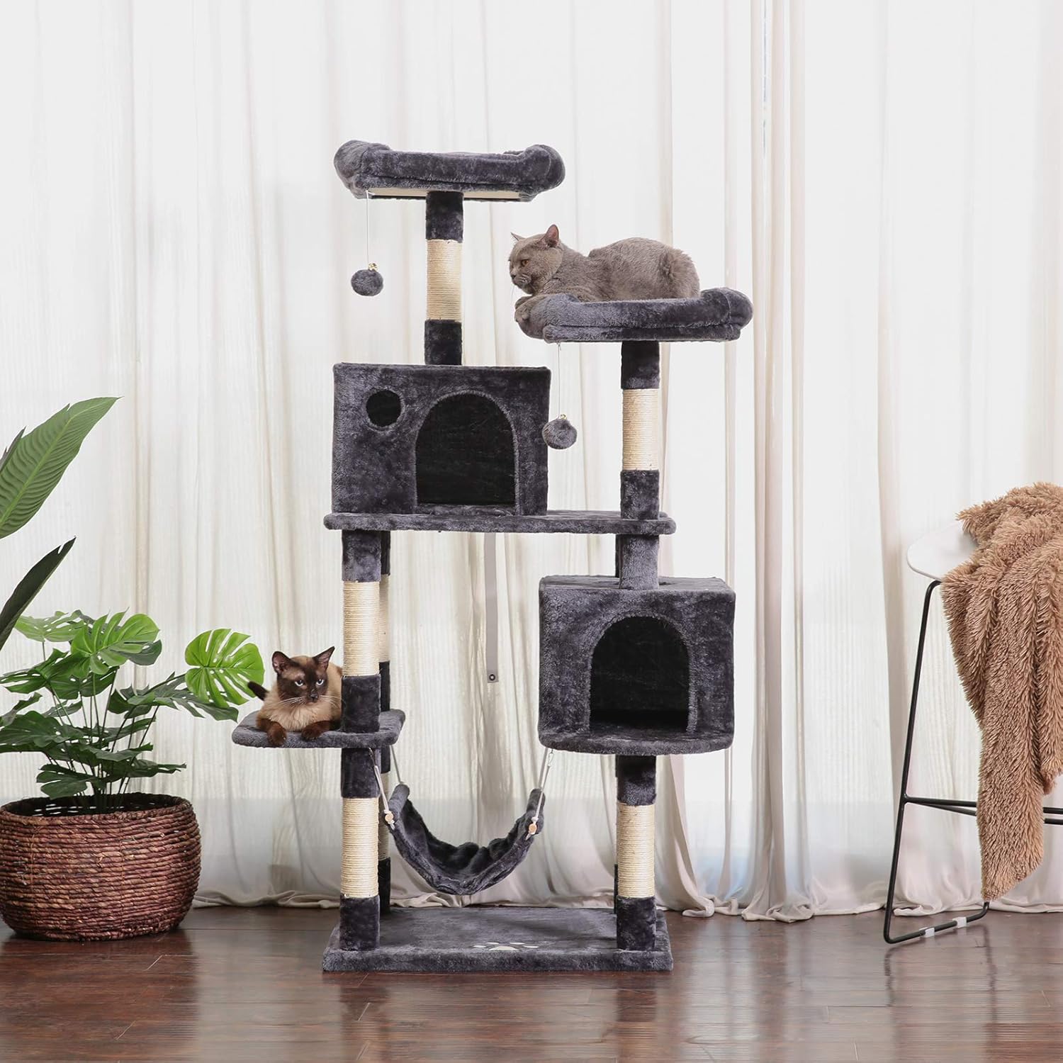 Hey-brother Large Multi-Level Cat Tree Condo Furniture with Sisal-Covered Scratching Posts, 2 Bigger Plush Condos, Perch Hammock for Kittens, Cats and Pets Smoky Gray MPJ020G : Pet Supplies
