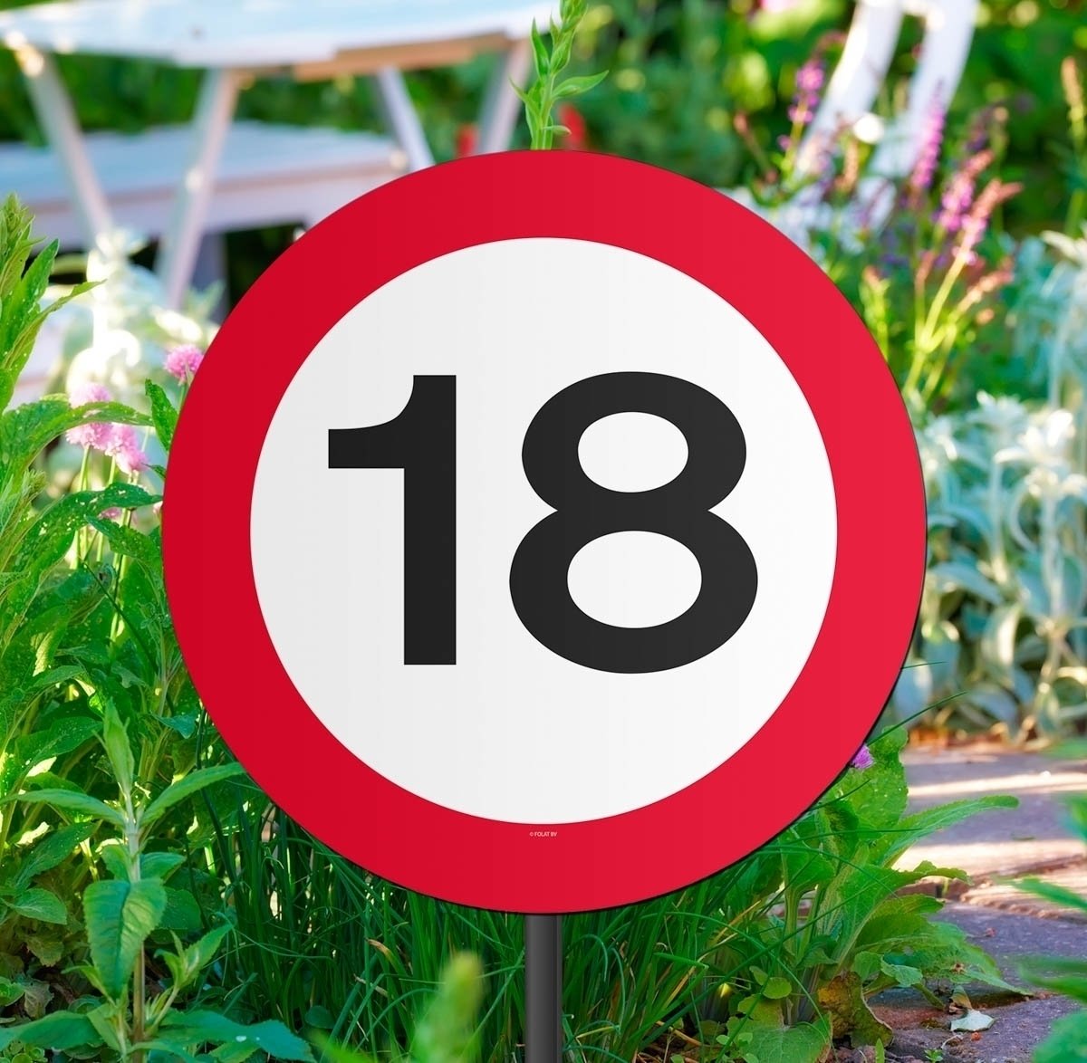 Traffic Sign 18th Party Garden sign, 44cm x 26cm x 1cm. Coated Card with Plastic Stick