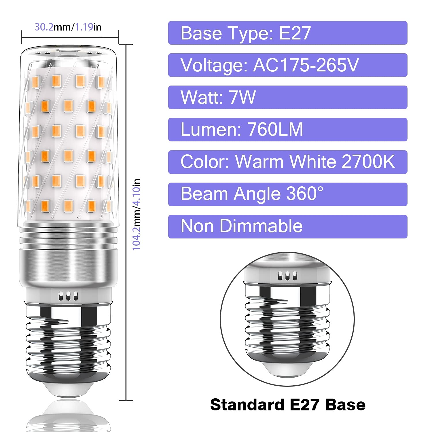 RuLEDne E27 LED Lampen Warmweiß 7W Mais Birne Lampen 2700K, Edison Schraube E27 LED Energiesparlampe Birnen Ersetzt 60W-80W Glühlampe 5 Pack 2