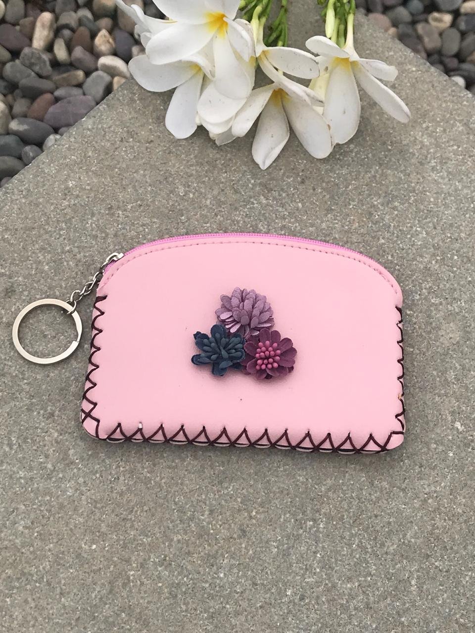stripes light pink pu leather flower with tassel small coin purse