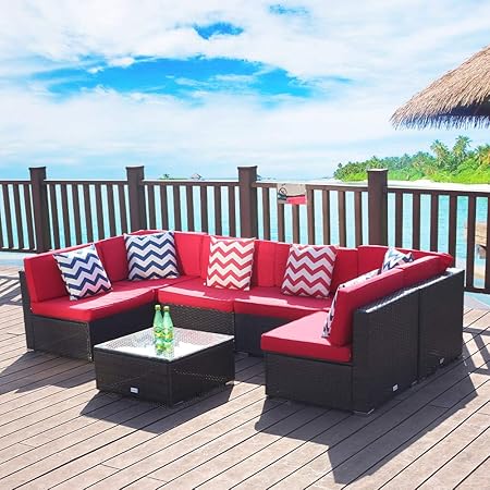 Amazon Com Luckwind Patio Conversation Sectional Sofa Chair Table 7 Piece All Weather Brown Wicker Rattan Seating Cushion Patio Ottoman Modern Glass Coffee Table Outdoor Accend Pillow 300lbs Kitchen Dining