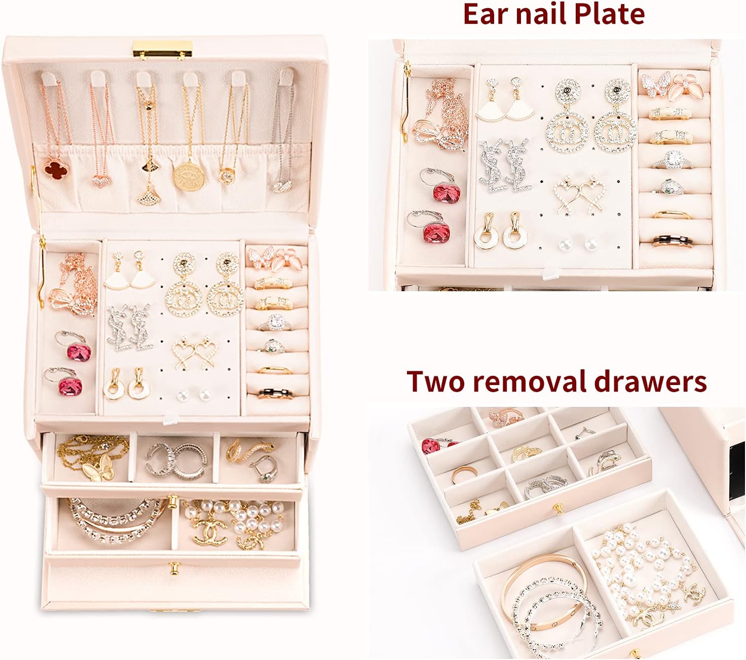 DEZZIE Women's Jewelry Box, Senior PU Leather, 3 Layer Medium Sized Jewelry Storage Box with Lock. Portable Travel Jewelry case for Earrings Bracelets Rings-Light pink: Home Improvement