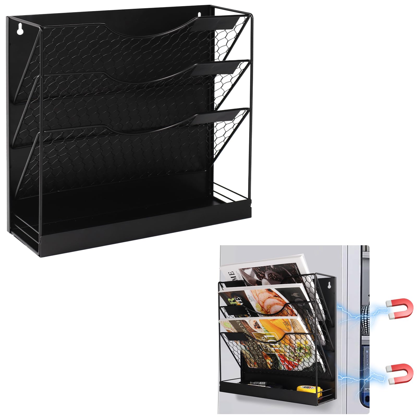 Photo 1 of WOMACO Magnetic File Organizer, 4 Tier Large File Folder Holder for File Cabinet, Heavy Duth Magnet Wall Paper Mail Holder for Home Office Whiteboard (4-Tier Black)