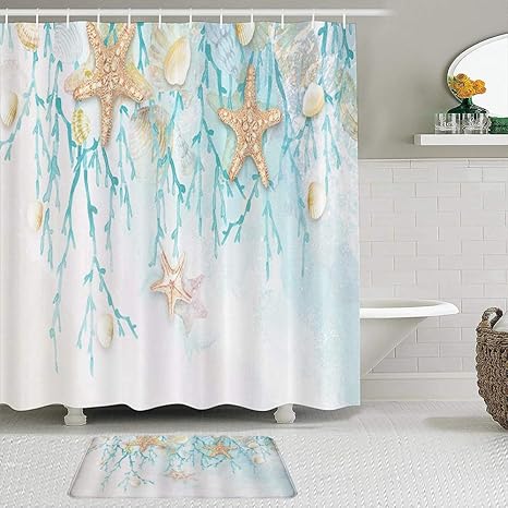 LISNIANY Duschvorhang Badezimmermatten Set，Seetier Nautischer Seestern