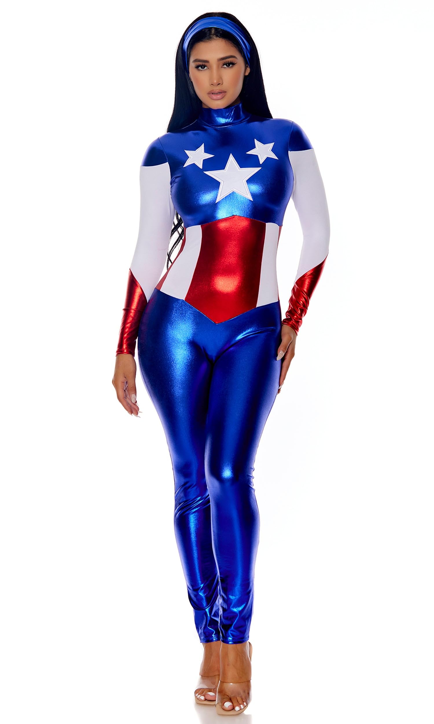 Forplay Women's Petite Star Spangled Hero Catsuit with Stripe Waist and Headband