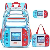 ACESAK Clear Backpack for Boys - 3 Pcs Game Clear Backpack Heavy Duty with Lunch Bag - See Through Bookbag Stadium Approved for Kids Middle High College School Travel (Red Game)