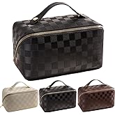BIVIZKU Large Capacity Checkered Makeup Bag Portable Travel Cosmetic Bags Open-Flat Toiletry Bag for Women Girls Make Up Organizer with Divider Pouch Zipper Bag (black-checkered)