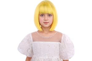 DUDUWIG Child Yellow Wig for Girls Kids Short Straight Yellow Bob Wig with Bangs for Kids Hairnet Include
