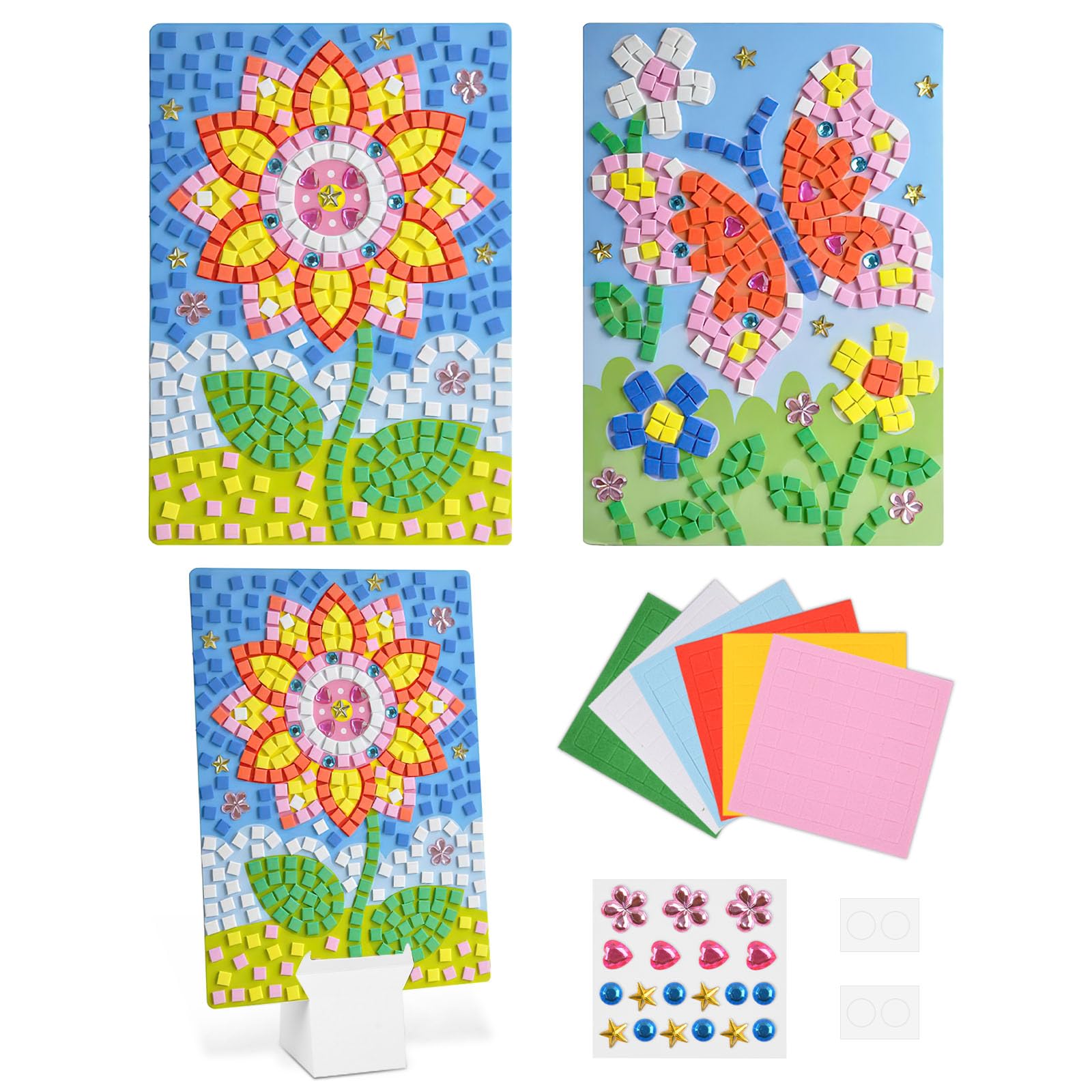 AUAUY Sticky Mosaic Picture Kit for Creating, 2 PCS Mosaic Sticker Art Kits for Kids, Sunflower Butterfly Mosaic Art Painting by Sticker, Toddler Hands DIY Arts and Crafts for Kids 3-8 Party Favors