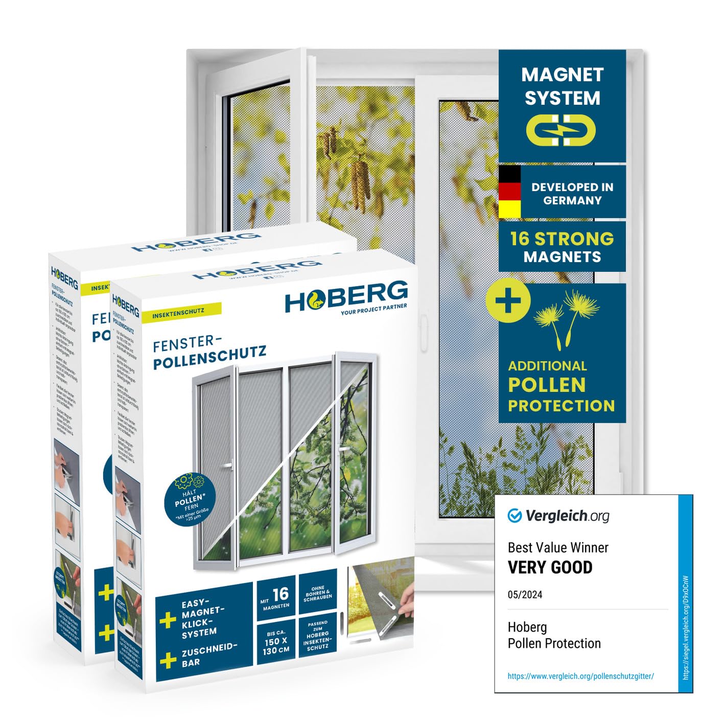 Hoberg Window Pollen Screen with Innovative Magnetic Attachment | Fly Net up to 150 x 130 cm Individually Cut to Size, no Drilling and screwing | Mosquito Net Attach with 16 Magnets [2 Pieces]