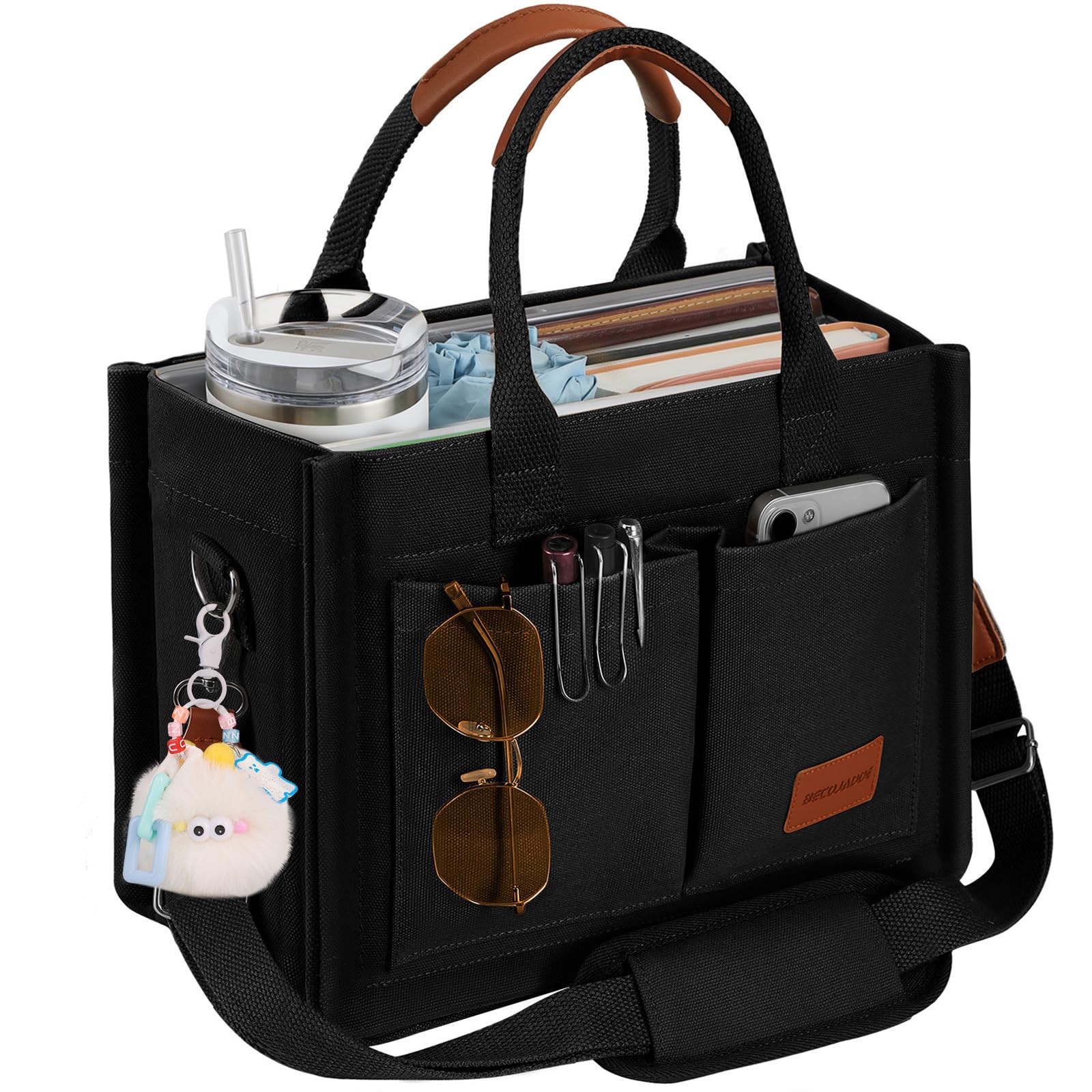 Photo 1 of BECOJADDE Canvas Tote Bag Purse for Women with Zipper Closure, Individual Compartments, Detachable Strap & Bottom Support, Ideal for Work, School, Travel, Daily, College, Bible Black Large