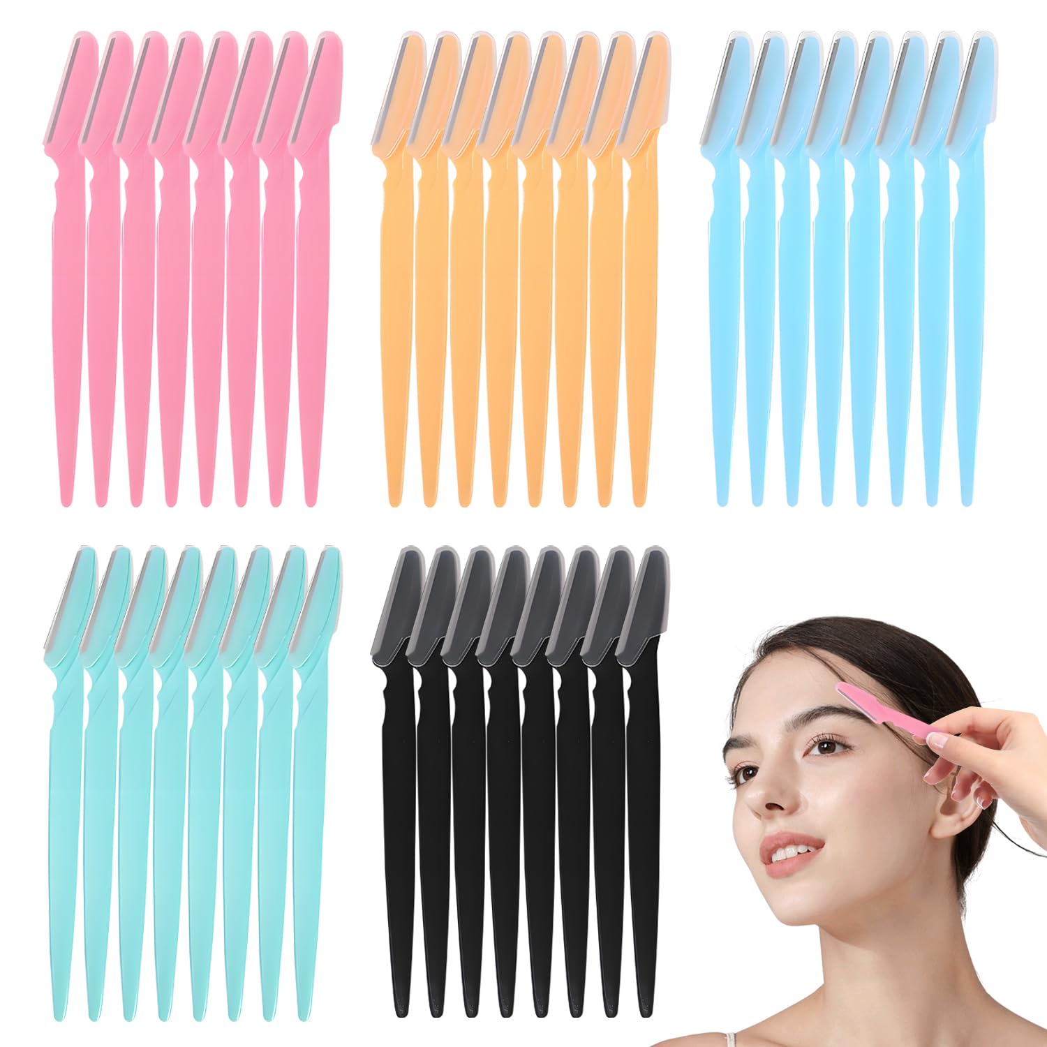 Verazquy 40 Pcs Multicolor Eyebrow & Face Razors, Dermaplaning Tool, Women's Facial Hair Remover with Safety Cover & Non-Slip Handle