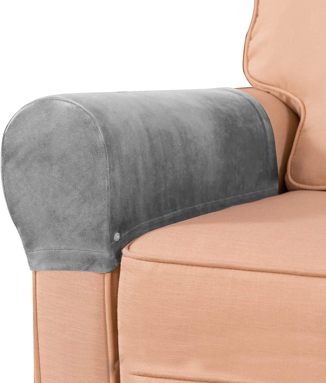 Golden Apple Velvet Soft Arm Slipcovers - Pack of 2 Elastic Armrest Protectors - Removable Sofa Arm Covers (Gray)
