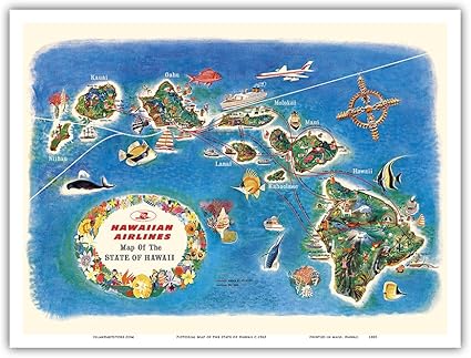 Amazon ハワイ州の絵地図 ハワイアン航空の飛行ルートマップ ビンテージ イラスト マップ C 1963 アートポスター 23cm X 31cm パシフィカ アイランド アート 置物 オブジェ 通販