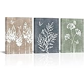 VANSEEING 3 Piece Boho Minimalist Botanical Canvas Wall Art Rustic Leaves Butterfly Painting Vintage Farmhouse Prints Modern Wall Decor for Home Kitchen Living Room Bedroom Brown Blue Green 12"x16"