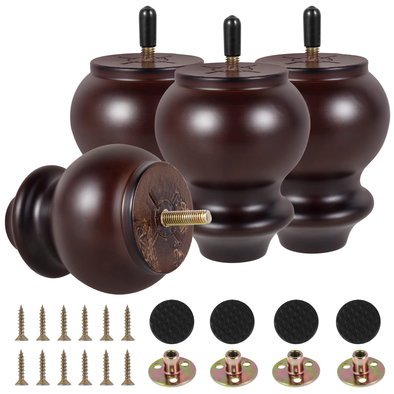 Beenle-Icey 4Pcs Furniture Legs Gourd Shape Wood Furniture Feet H10cm Retro Walnut Sofa Legs with Pre-Drilled 5/16''/M8 Bolt & Mounting Plate & Screws for Table Cabinet Cupboard Couch Chair