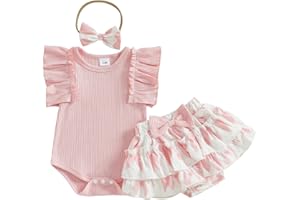 PUHHAPIEY Baby Girl Clothes Summer Infant Floral Outfit Ruffle Sleeve Knitted Romper + Layered Bloomers Shorts + Headband