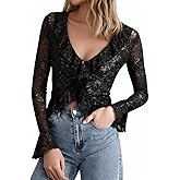 GERT COREL Womens Sexy Open Front Button Long Bell Sleeve Ruffle Trim Sheer Mesh Lace Crop Tops Blouses