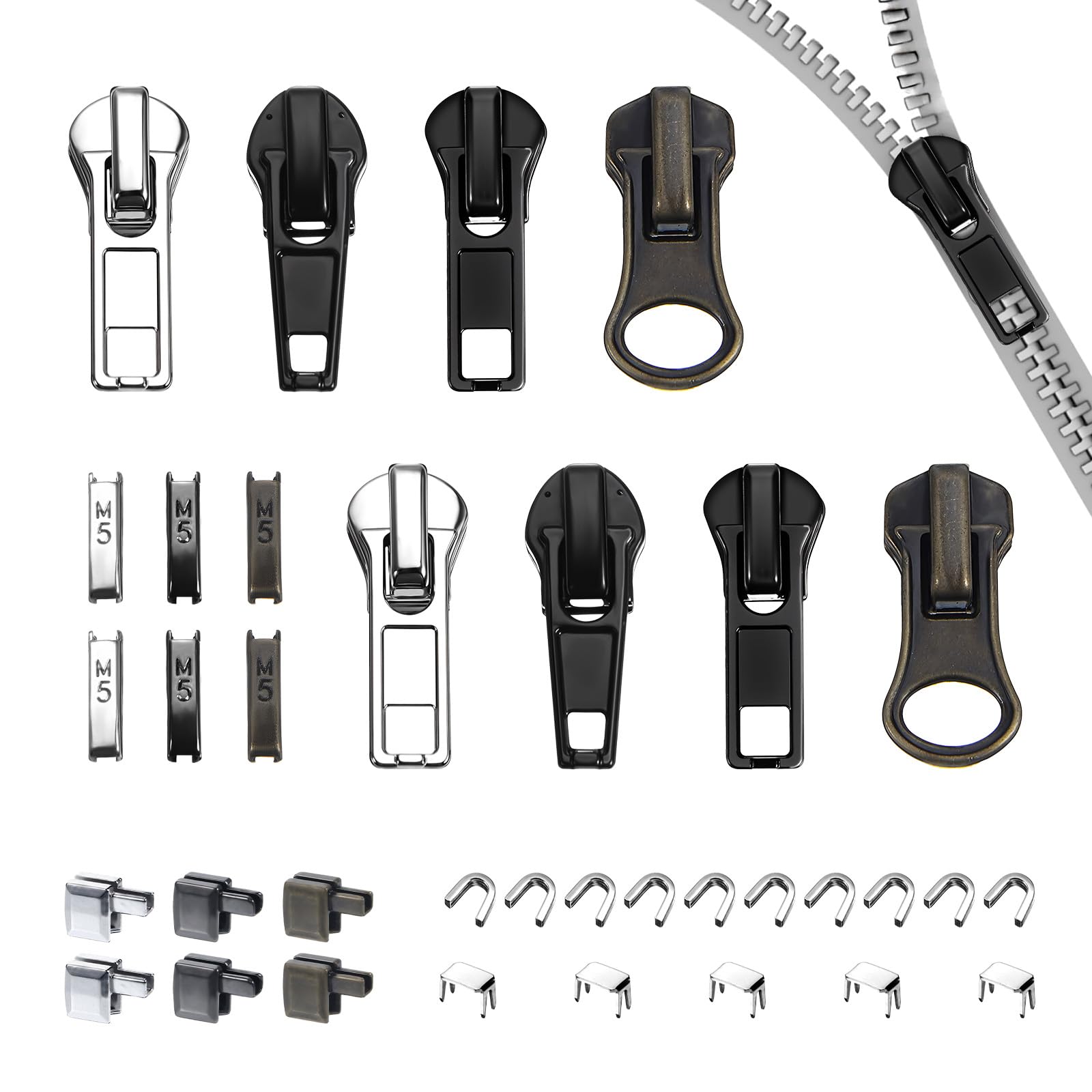 Photo 1 of 39 Pcs Zipper Repair Kit Zipper Pull Replacement - Instant Replacement Slider Multipack Slider Teeth for Backpacks, Tents, Jackets, and Luggage (Black, Silver, Bronze)