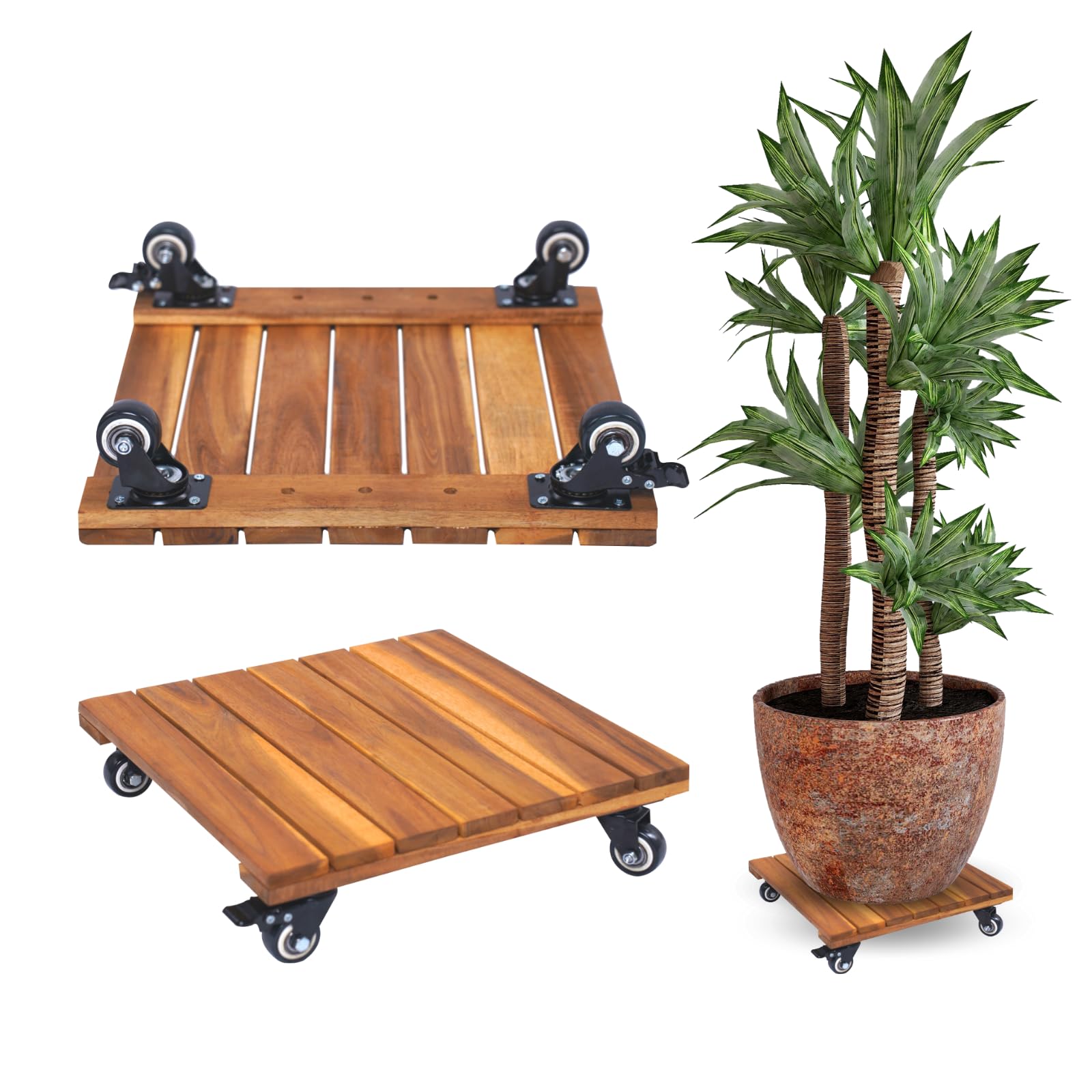 Support à Plantes Avec Roulettes 360° - En Bois, 30x30 Cm - Pour Pots Lourds, Déplacement Facile Intérieur/extérieur