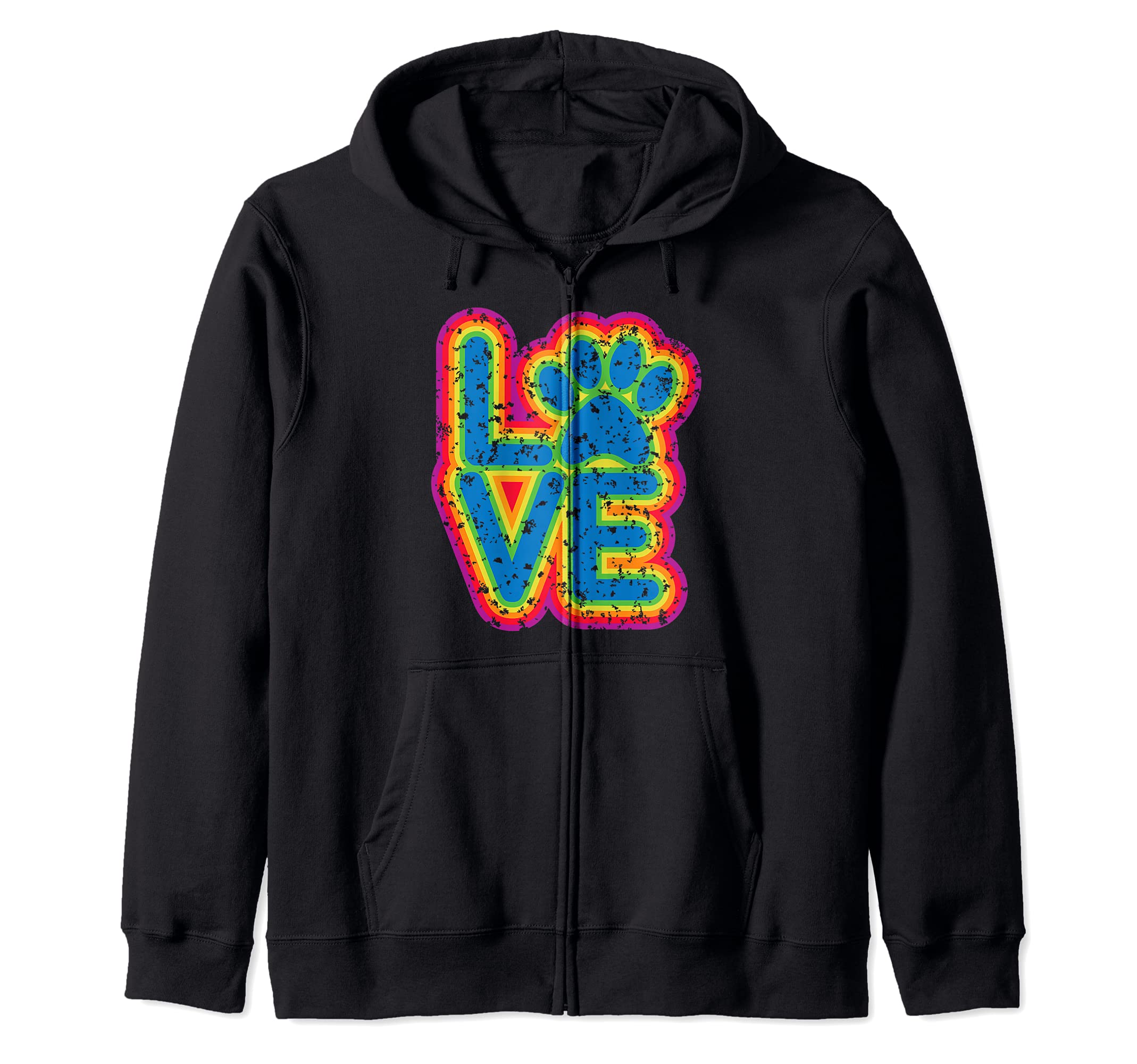 I LOVE Pets Cat Dog Animal Distressed Paw Print Design Zip Hoodie
