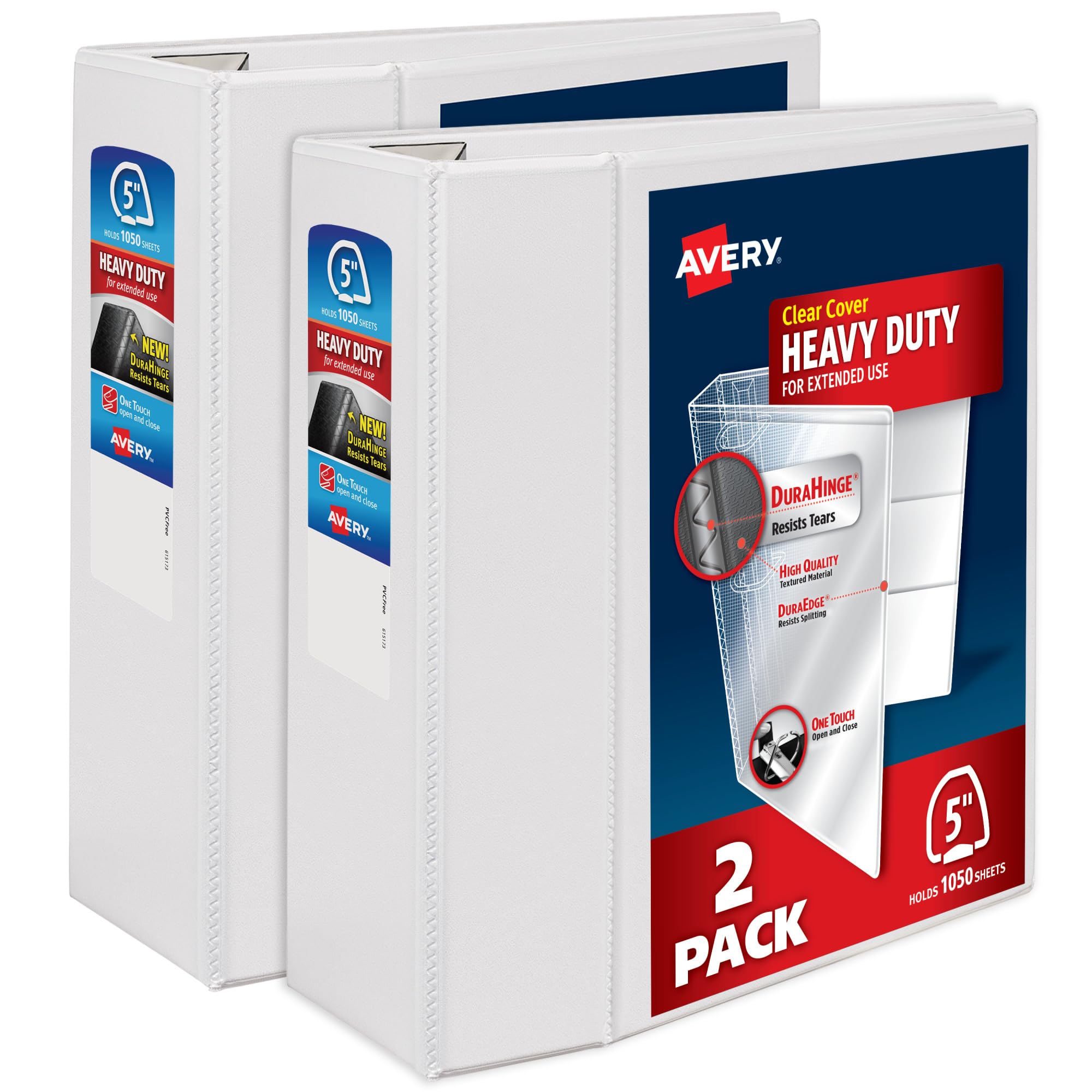 Avery Heavy-Duty View 3 Ring Binder, 5 Inch One Touch EZD Rings, 1,050-Sheet Capacity, 2.3/4.8 Inch Wide Spine, Customizable Clear Cover and Spine, 1 White Binder (79106)
