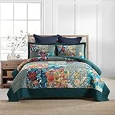 Autumn Dream Cotton Bedspread Quilt Sets Reversible Bedding Coverlet Sets Comforter, Vintage Floral Patchwork Turquoise Bedspread, King Size | Breathable material, Reversible, Soft durable, Handmade patchwork, Machine waschable, Jacquard stitching