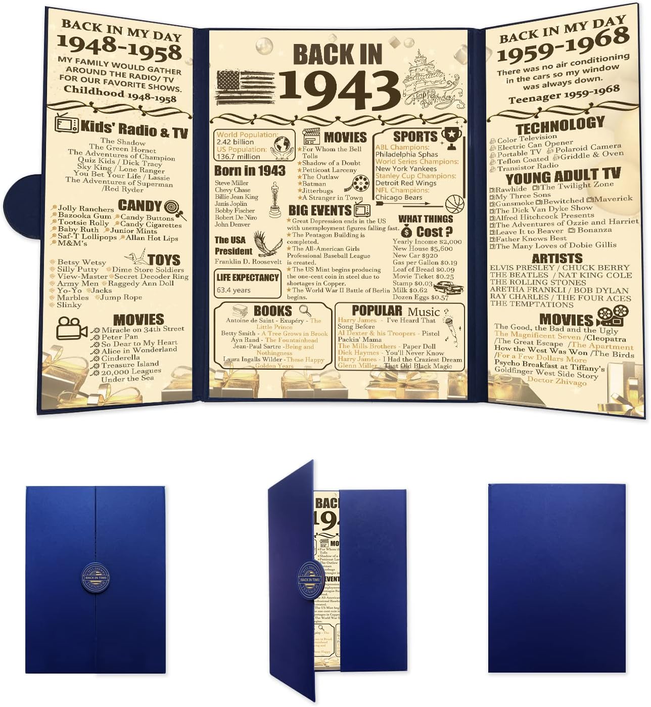 Wall Décor - Tri-fold 80th Birthday Decorations Party Poster, Party Supplies Anniversary Decorations Birthday Gifts for Women & Men Turning 80 Years Old, 80th Anniversary Certificate Gift, Back in 1943(Blue Shell Surface)
