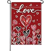 Artofy Valentines Day Small Decorative Garden Flag, Red Black Love Heart Floral Yard Lawn Outside Decor, Flowers Anniversary Wedding Burlap Outdoor Home Decoration Double Sided 12 x 18