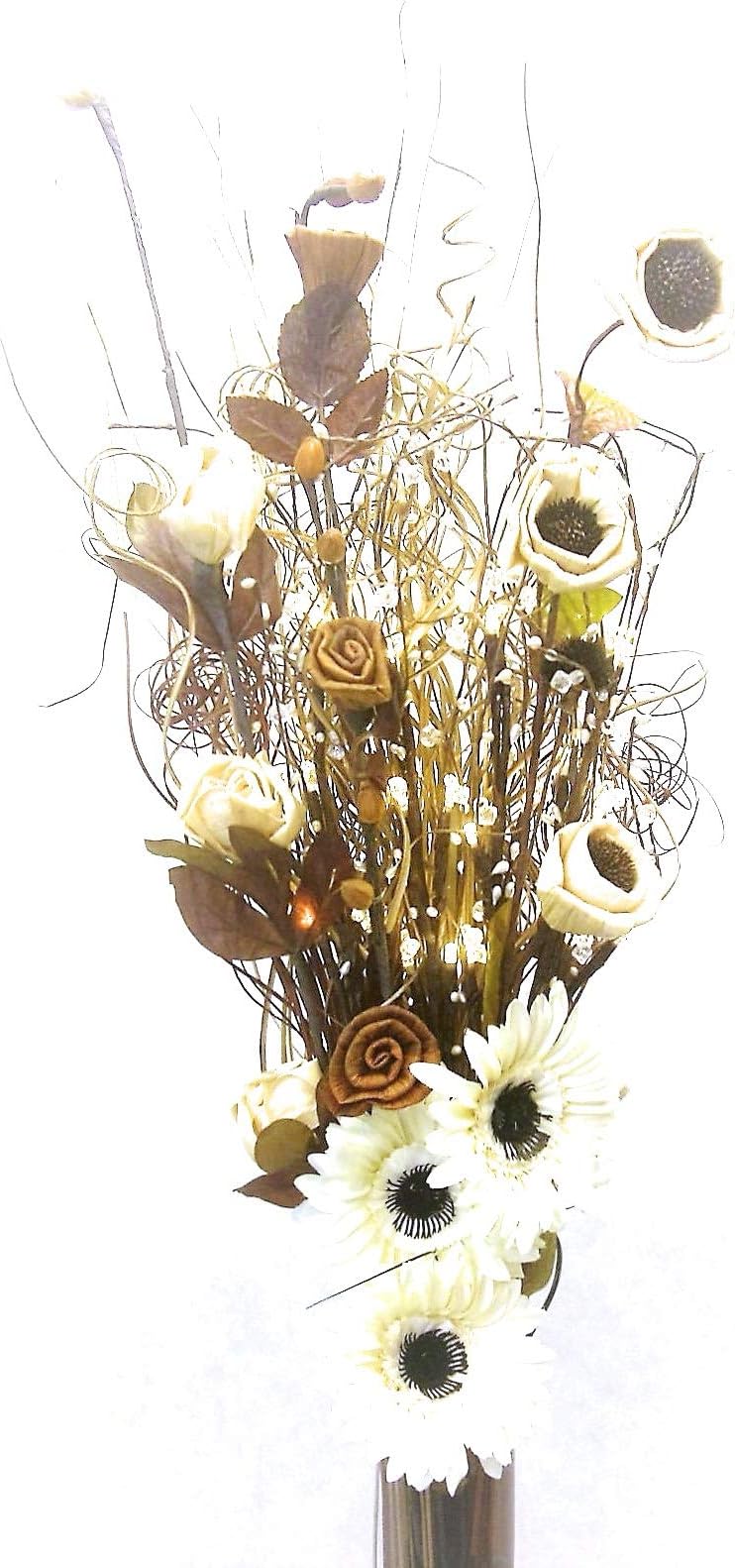 Unique design twig Light bouquet in 30 cm GLASS vase Artificial Flowers & Grasses & 5 stems LED Lights (NATURAL & CREAM EXOTIC)