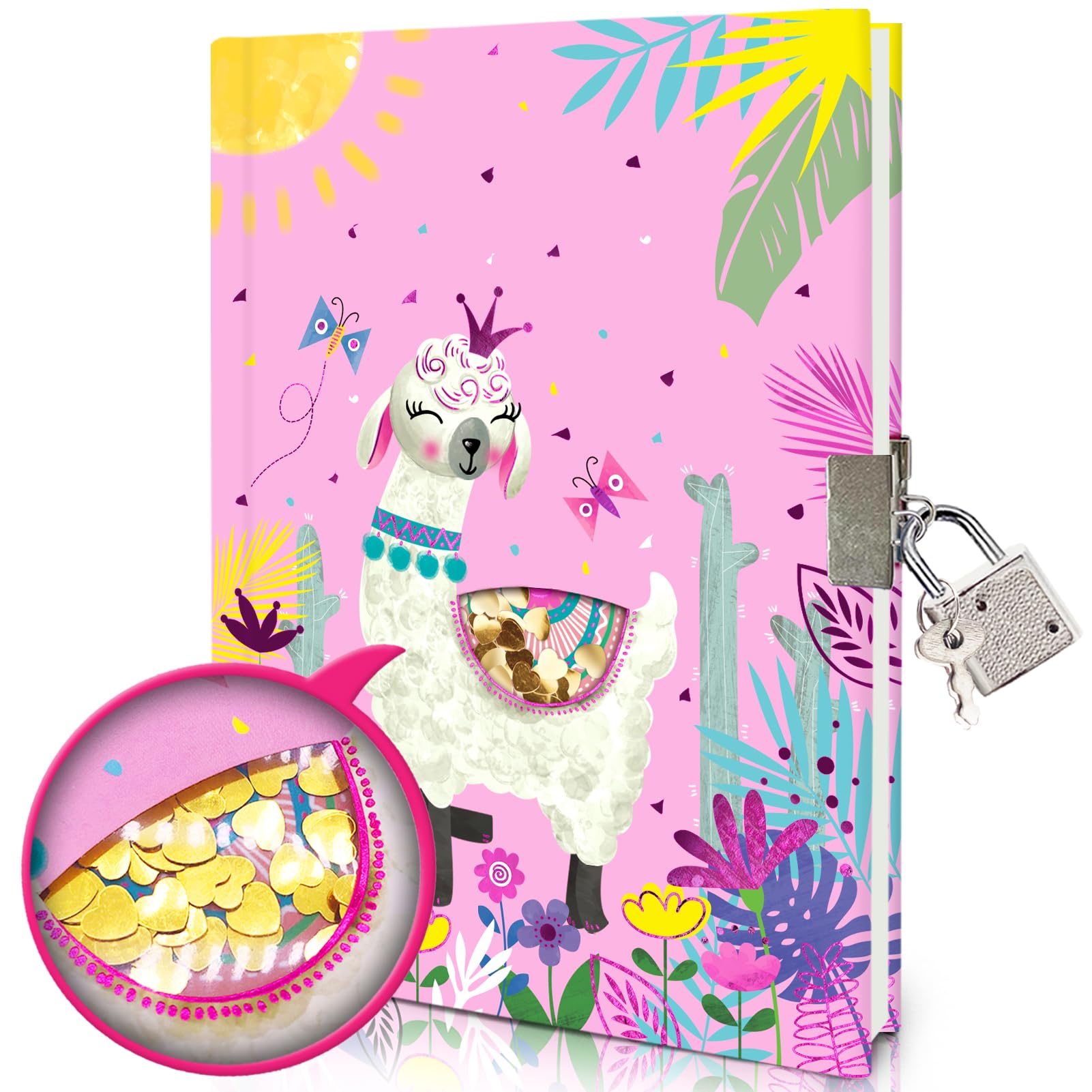 GINMLYDA Alpaca Secret Diary for Girls, 7x5.25 Inches 160 Lined Pages Shakable Sequin Kids Diary with Lock Pink Journal for Girls Gifts Cute Notebook for Birthday Presents Toys 5 6 7 8 9 10 Year Old