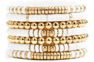 EMUFOOK Gold Beaded Bracelets for Women and Men Bohemian Friendship Bracelets Clay Bracelets Vinyl Disc Stretch Layering Stackable Bead Bracelets Summer Surfer Heishi Beach Jewelry Kit