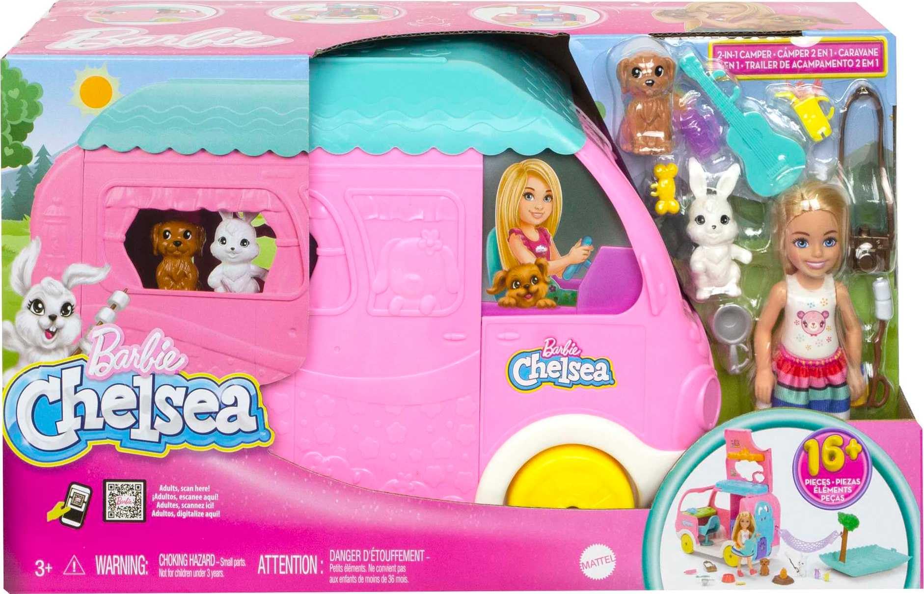 Barbie Camper, Chelsea 2-in-1 Playset with Small Doll, 2 Pets & 15 Accessories, Vehicle Transforms into Camp Site (Amazon Exclusive)